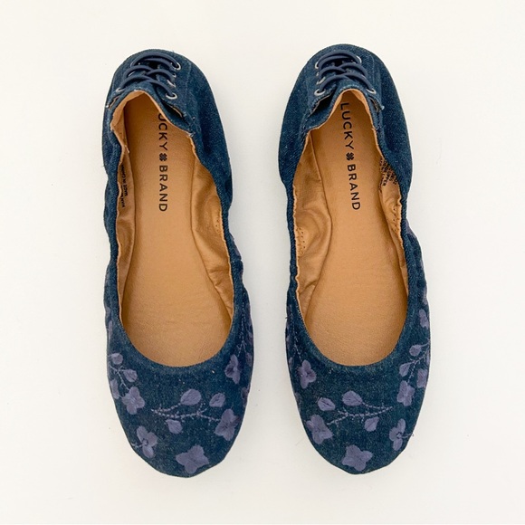 Lucky Brand Echo 2 Blue Denim Floral Print Embroidered Lace Up Back Ballet Flats - Picture 2 of 8
